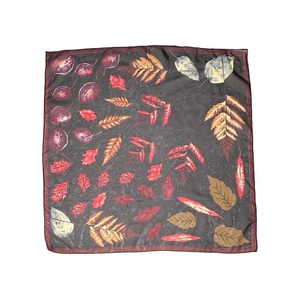 Vintage Square Wrap Scarf Rich Botanical Leaves Brown Accessory Colorful Fall
